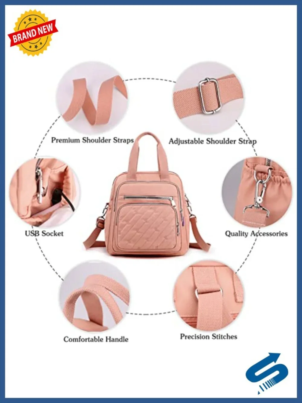 Women's Fashion Backpack with USB Charging Port Nylon Daypack for Work Travel